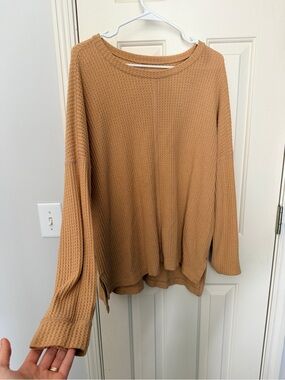 American Eagle Outfitters Camel Waffle Knit Crewneck Sweater